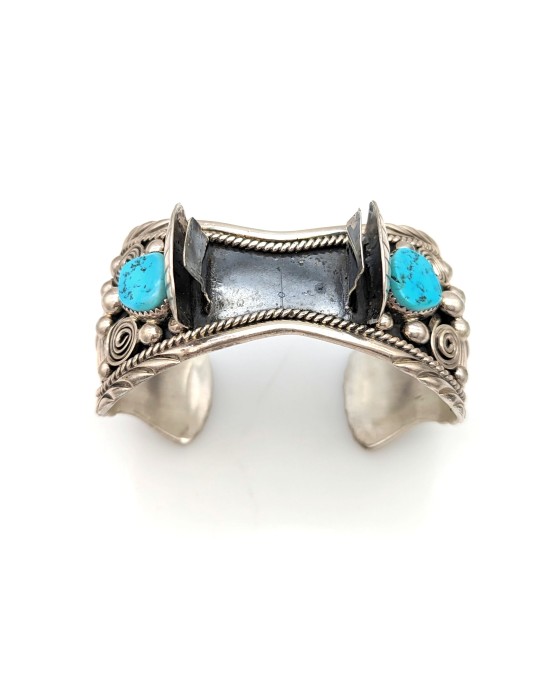Navajo Charlene & Robert Little Sterling Silver Turquoise Watch Cuff Bracelet